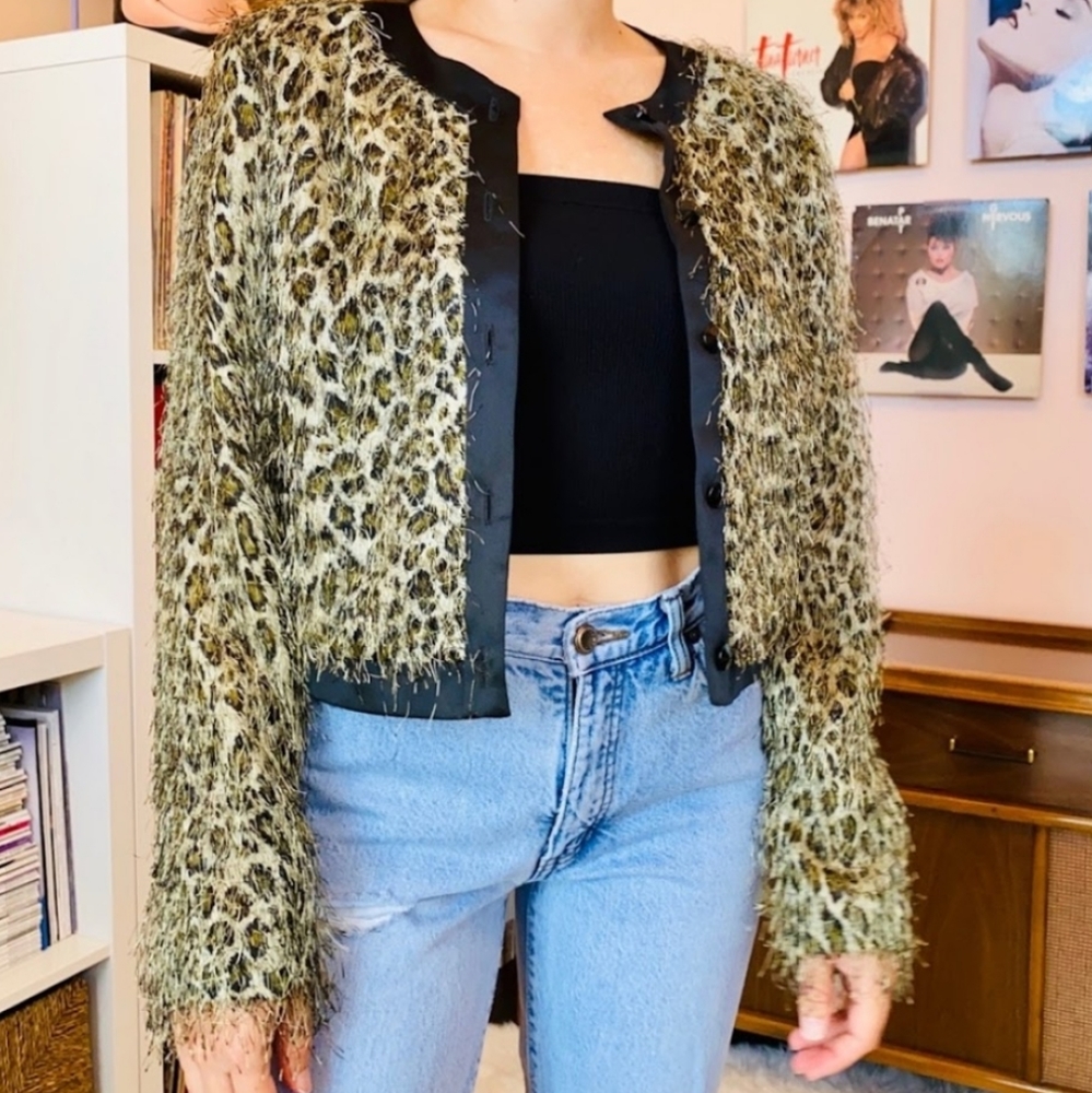 Vintage Francais Huey Waltzer Leopard Print Crop Jacket with Allover Threads